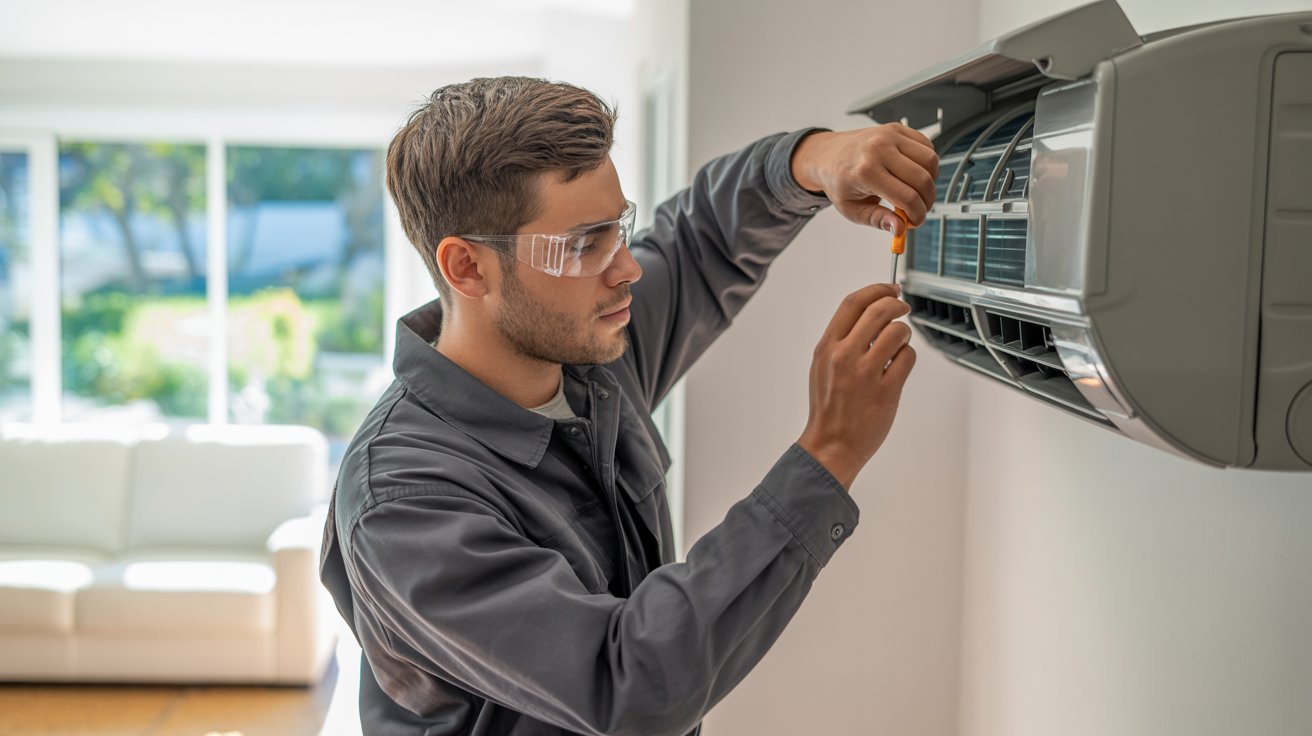 Técnico instalando ar condicionado